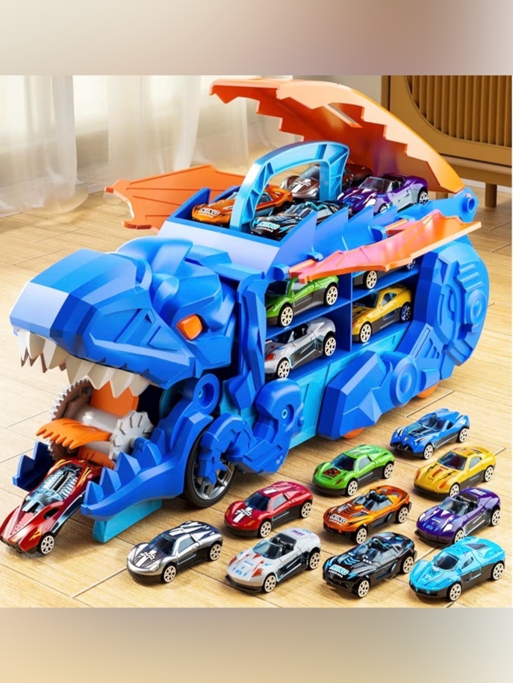 Dinosaur Car Carrier Blue Orange Playset with 12 Mini Race Cars NIB Birthday - Picture 3 of 9